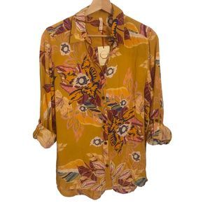 NWOT Raga Women's Roll Tab Long Sleeves Buttons Up Floral Tunic Blouse Size S